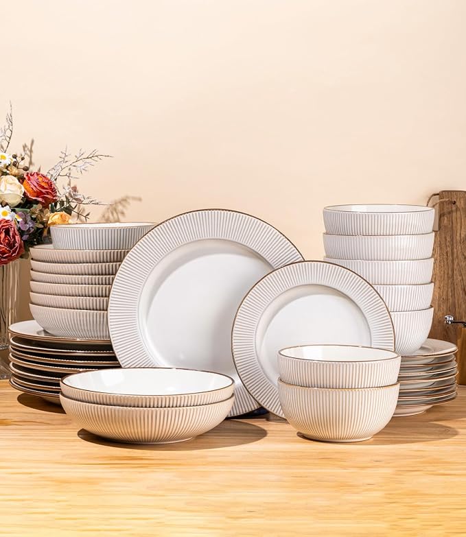 GBHOME Ceramic Dinnerware Sets, 32 pcs Embossed Elegant Stoneware Plates and Bowls Sets, Housewarming Wedding Gift | Dishwasher & Microwave Safe | Dishes Set Service for 8