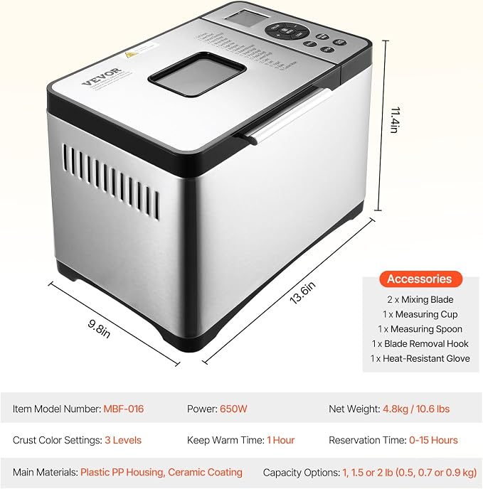 VEVOR Bread Maker, 19-in-1 2LB Dough Machine, Nonstick Ceramic Pan Automatic Breadmaker with Gluten Free Setting, Whole Wheat Bread Making, Digital, Programmable, 3 Loaf Sizes, 3 Crust Colors