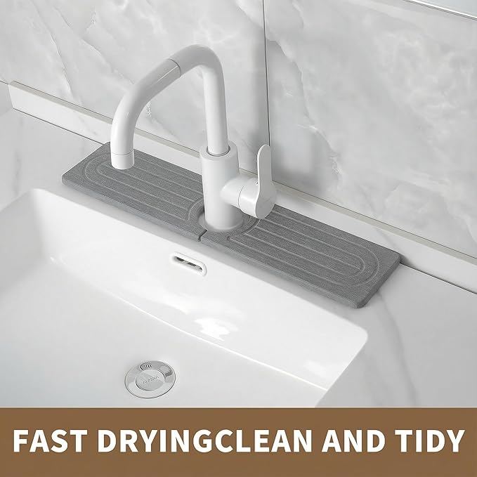 Faucet Mat for Kitchen Sink -Diatomite Stone Drying Mat for Kitchen Counter & Bathroom Sink,Quick-Dry Kitchen Sink Mat-Sink Protector & Splash Guard,Super Absorbent (Gray, 15.8"x4")