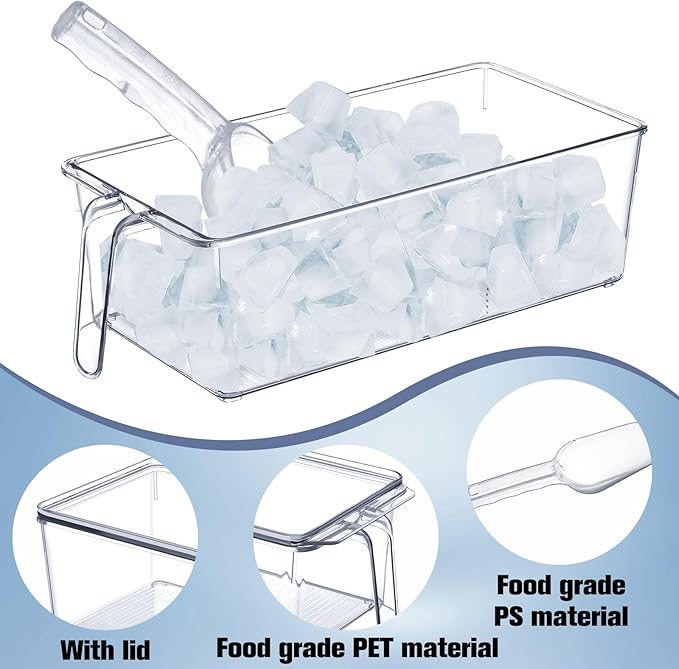 Havawish 8 Pcs Ice Storage Bin for Freezer with Lid and Flexible Scoop Set Plastic Ice Container with Lid Handle for Home Office Fridge Storage (12.4 x 5.91 x 3.94 Inches,Clear)