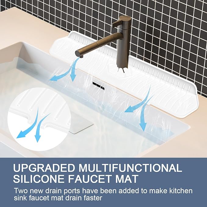 Faucet Guard - 90 Foldable Draining Mat for Kitchen Sink with 2 Drain Ports, White, 17.7"*5.66"