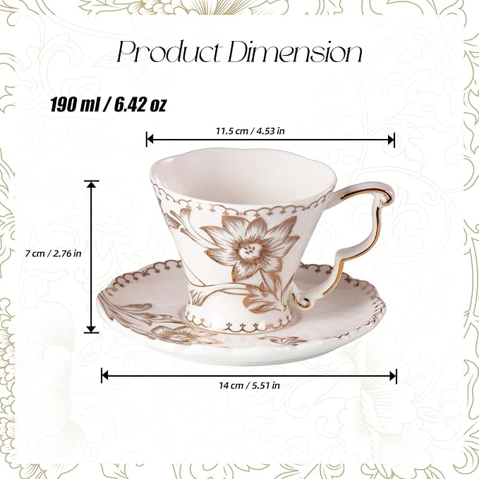 KAMMAK Tea Cups and Saucers Set of 2, 6.4oz Porcelain Coffee Cups, Ceramic Espresso Mugs for Coffee, Latte, Americano, Tea, Elegant Teacup and Saucers (YFH10)