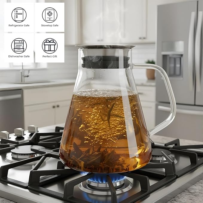 Aquach 51oz Glass Teapot with Filter Lid, Stovetop Safe Tea Pot | Dishwasher Safe, Borosilicate Glass, Integrated Filter Lid, 51oz Sharing Capacity, Stable Wide Base, Pure Plastic-free Taste