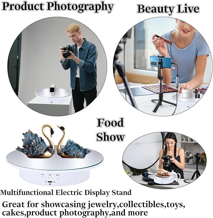 JAYEGT Motorized Rotating Display Stand, 7.87inch /17.6lbs Load, 360 Degree Electric Rotating Turntable for Photography Products, Jewelry，5 Colors Backgrounds, Mirror Cover (White/Remote Control)