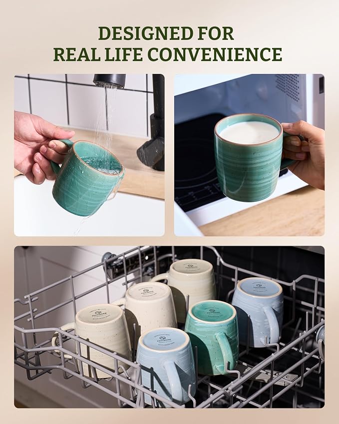 famiware Coffee Mugs Set of 4, Meteor 13 oz Ceramic Mug Cup Set with Handle for Coffee, Tea, Cappuccino, Latte, Milk, Peacock Green