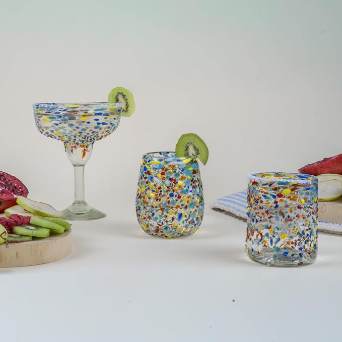 Confetti Dots Hand Blown Stemless Wine Glasses Set of 6 – Colorful Mexican Glassware – 16 oz Wine Glass – Hand Blown Mexican Drinking Glasses for Wine, Cocktails & Tequila
