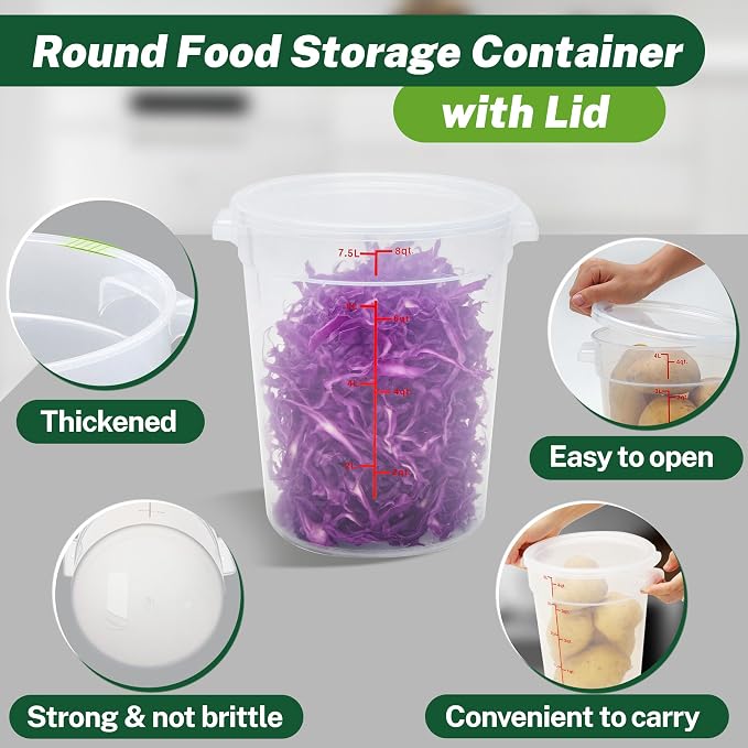 4 Pack 8Qt Round Polypropylene Food Storage Container with Lids Scale | Translucent containers with lids, easy-read scale, labels and measuring cups; stackable for prep, storage and freezer use.