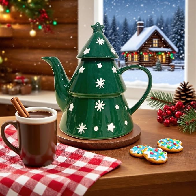 Domini Christmas Tree 28oz Teapot- Earthenware, Festive Holiday Serveware, Brewing Warm Winter Drinks - Beautiful Addition To Your Festive Table
