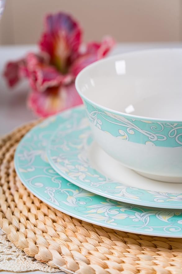 FHGNYSM 12-Piece Ceramic Dinnerware Set, Light Green | Plates and Bowls, Chip and Scratch Resistant, Microwave Safe, Dishwasher Safe, Home Restaurant Use