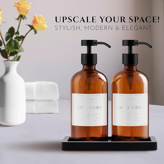 Glass Soap Dispenser Set of 2 (Amber) with Silicone Tray | Hand and Dish Soap Dispenser for Kitchen and Bathroom | 16.8 Oz Glass Bottles with Stainless Steel Pump & 15 Waterproof Labels (Amber/Black)