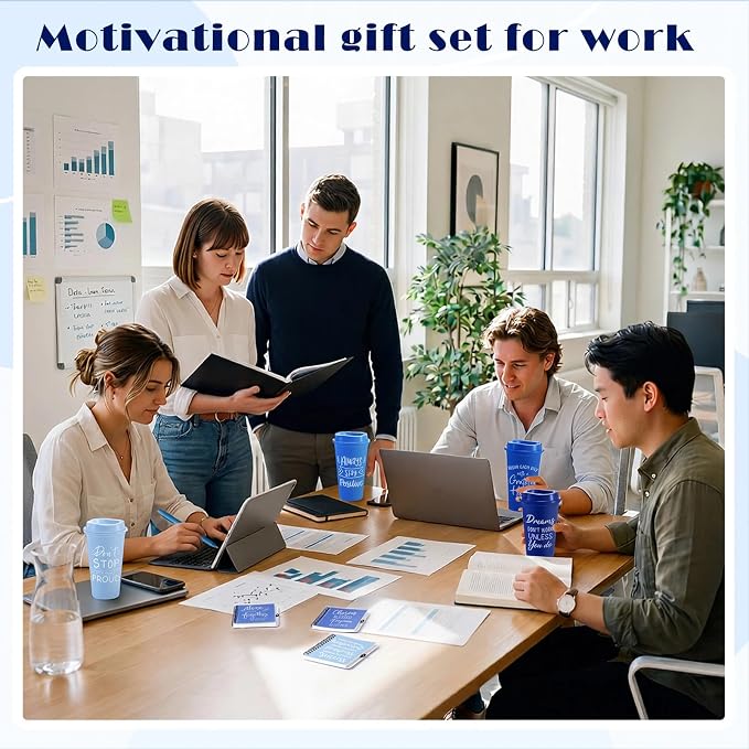 Skylety 12 Sets/48 Pcs Employee Appreciation Gift Baskets Bulk 16oz Inspirational Coffee Cup with Spiral Notebook, Pen & Keychain, Thank You Gifts for Staff, Teacher,Coworker, Team (Gradient Blue)