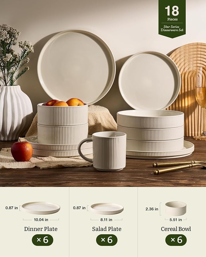 Famiware Star 18-Piece Stoneware Dinnerware Set for 6 – Oat, Ceramic Ribbed Plates and Bowls – Modern Rustic Dishes, Everyday & Formal Use – Chip & Scratch Resistant, Microwave & Dishwasher Safe