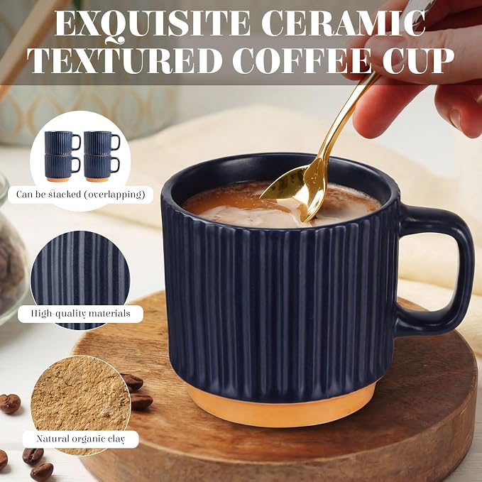 6 Set Ceramic Coffee Mugs with Gold Spoons, 8.8 oz Textured Ribbed Coffee Cups for Latte & Cappuccino, Modern Farmhouse Tea Mugs with Handle, Dishwasher & Microwave Safe(Dark Blue)