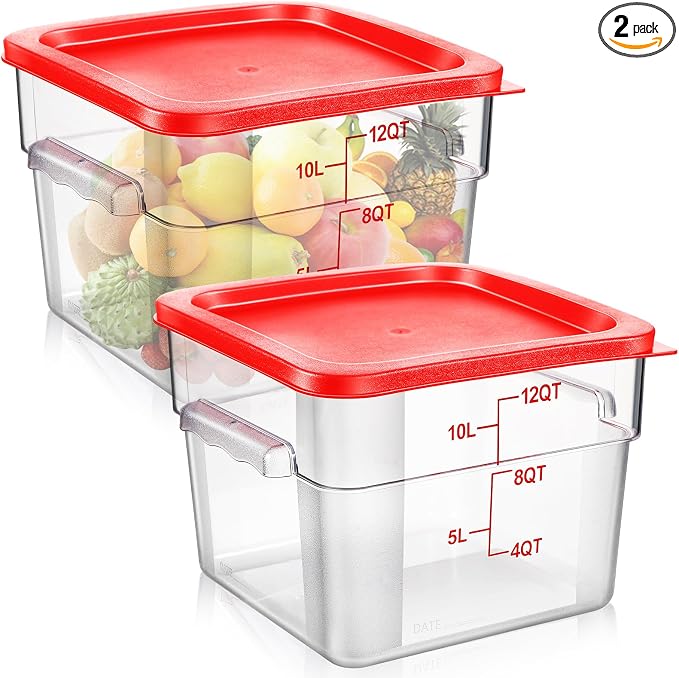 Suclain 2 Pcs Square Food Storage Container Polycarbonate Clear Food Container with Lid Commercial Rice Storage with Graduations for Commercial Kitchen(12 Qt,Red)