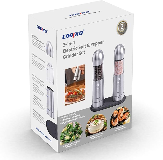 COSPRO Electric Salt and Pepper Grinder Set of 2 – Rechargeable Stainless Steel Mills with Qi-Wireless Charging Base | One-Hand Operation | Adjustable Coarseness | Easy Clean | Automatic Spice Grinder
