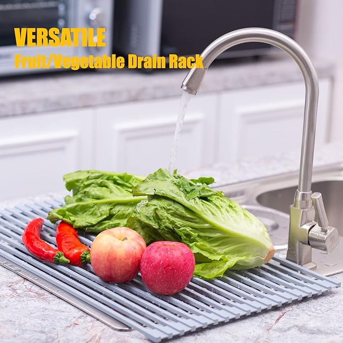 Mistifi Silicone-Coated Stainless Steel Over The Sink Multipurpose Roll-Up Dish Drying Rack, 16.9"X12.2", Heat Resistant Non Slip Dish Draining Rack BPA Free Dishwasher Safe (S, Gray)