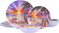12 Piece Melamine Plates and Bowls Set, Beach Sunset | Melamine Dinnerware Set，Service for 4, Unbreakable, Stackable & Lightweight, Indoor & Outdoor Us