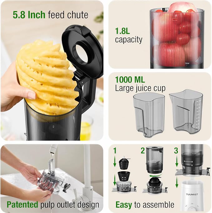 TUUMIIST Cold Press Juicer Machine, 5.8 Inch Extra Large Feed Chute for Whole Fruits, Easy to Clean Slow Juicer, High Yield, BPA Free - Classic White