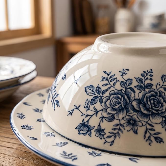 18-Piece Vintage Blue Floral Ceramic Dinnerware Set, Service for 6, Microwave & Oven Safe Plates and Bowls, Porcelain Dish Set for Family Meals