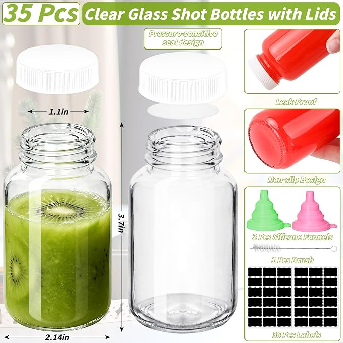 35 Pack 4 oz Glass Shot Bottles with Lids Small Clear Glass Jar for Ginger Wellness Shot Mini Juice Bottle Reusable Wide Mouth Travel Cup & 36 Labels,2 funnels,1 brush for Juice Milk Potion Liquids