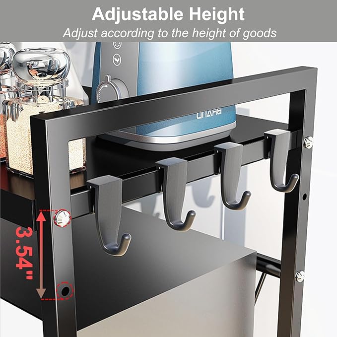 Expandable Microwave Stand Countertop, Heavy Duty Over Microwave Shelf Countertop, 2 Tier Carbon Steel Microwave Oven Rack Shelf for Kitchen with 4 Hooks,Holds 132lb,Height Adjustable,White