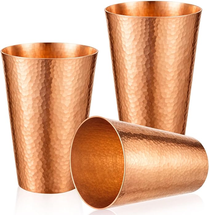 Willinglong 3 Pcs 100% Pure Copper Cup Tumblers 18.5 oz Handcrafted Hammered Copper Cups, Ayurvedic Health Benefits Drinking Vessel for Family Health Water, Cocktails, Iced Tea Glasses(Threaded)