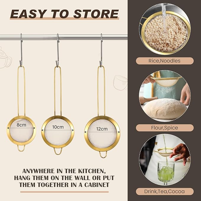 Norme 3 Quart Stainless Steel Gold Colander Gold Fine Mesh Strainer, Stainless Steel Pasta Rice Food Metal Strainer with Handles, Easy Clean and Dishwasher Safe