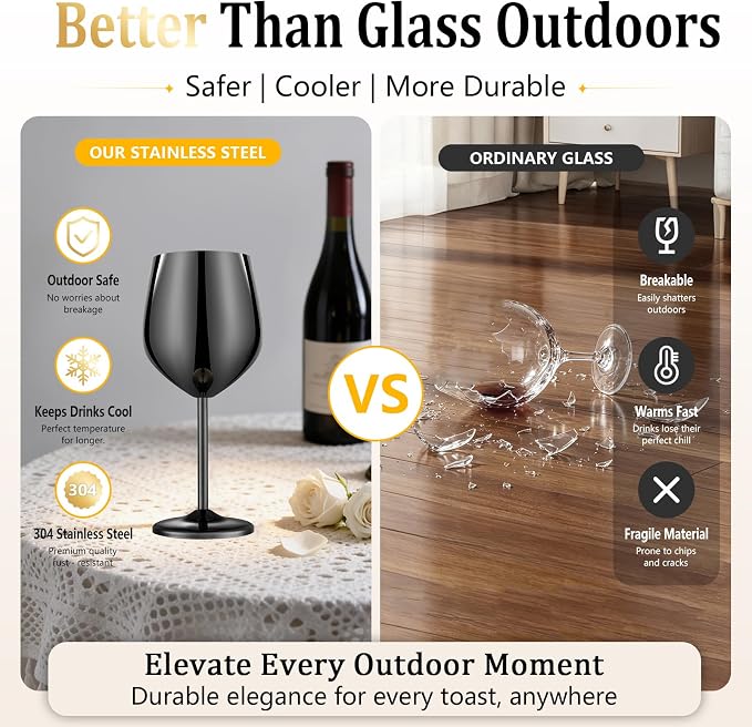 UNISWEET Stainless Steel Wine Glasses Set of 4 Unbreakable Wine Glass 18 oz Unique Metal Wine Goblets for Outdoor, Travel, Camping, Pool, Ideal Gift for Wine Lovers (Mirror-Black)