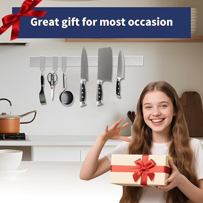 19 Inch Magnetic Knife Holder with Hooks, Strong Wall Mount Magnetic Knife Rack for Kitchen, Stainless Steel Knife Strip Organizer for Utensils, Spoons, Forks