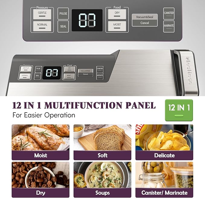 Mesliese Vacuum Sealer Machine, Powerful 95kPa 140W One Hand Operation Food Sealer, Double Seal Strip with Build-in Cutter & Countdown Display