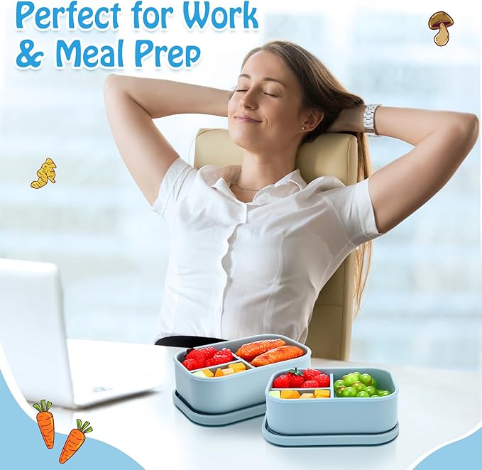 Honeydak 4 Pcs Silicone Bento Box for Adults, 3 Compartment Lunchable Food Container for Women Men, Leak Proof Microwave Dishwasher Freezer Safe (Blue)