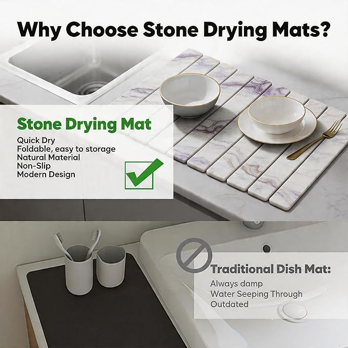 Stone Drying Mat for Kitchen Counter, Quick Diatomaceous Earth Mats for Dishes, 23.6"L x 15.7" W Super Absorbent Fast-Drying Collapsible Countertop Stone Mat (Marble White-06, 24" x 16")