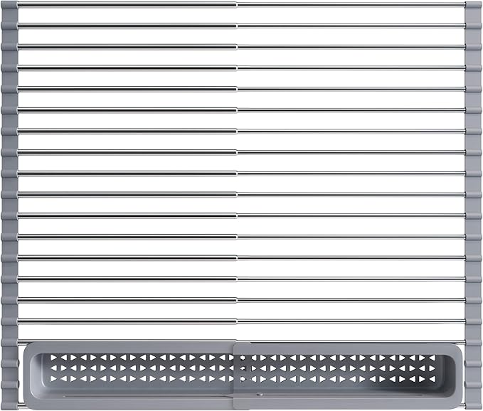 JASIWAY Over The Sink Dish Drying Rack for Kitchen, Expandable (12.8"-23.8" D x 15.5" W) Roll Up Dish Drainer with The Function of Fordable, Rust Proof, Large Sink Cover with Removable Utensil Holder
