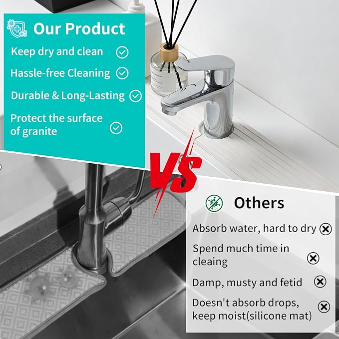 Absorbent Stone Faucet Mat for Kitchen Sink, Diatomite Stone Sink Tray Quick Dry, Bathroom Sink Splash Guard Behind Faucet, Water Catcher & Draining Mat for Sink Counter Protector, 23.6" X 4"
