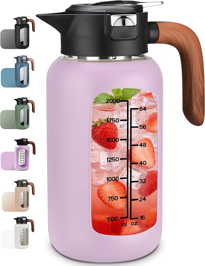 84oz Glass Pitcher with Lid and Handle Borosilicate Glass Water Jug/Carafe for Hot & Cold Beverages, 2.5Liter Large Pitcher with Silicone Sleeve & Wide Mouth, Fridge Safe for Iced Tea, Coffee, Juice