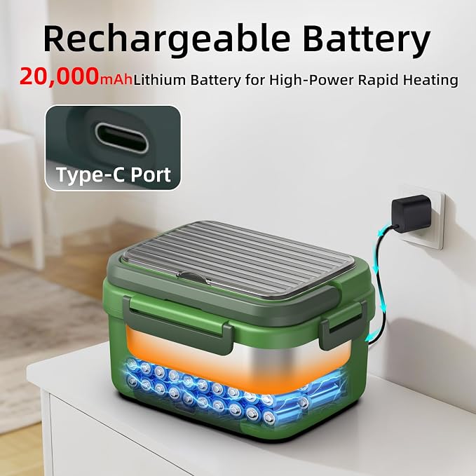 XL 6.3-Cups Cordless Electric Heated Lunch Box for Adults, Rechargeable Battery Powered Smart Self Heating Lunchbox for Men Women, 100W Food Warmer for Trucks Driver Travel Office Worker