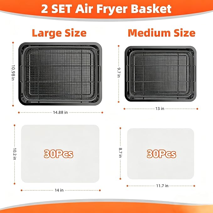 Air Fryer Basket, 2 Set Oven Air Fryer Basket and Tray with 60 PCS Parchment Papers, DEGOVIN Crisper Tray Non-stick Stainless Steel Air Fry Pans for Convection Oven(14.88"×10.98"& 13"× 9.7"-Black)