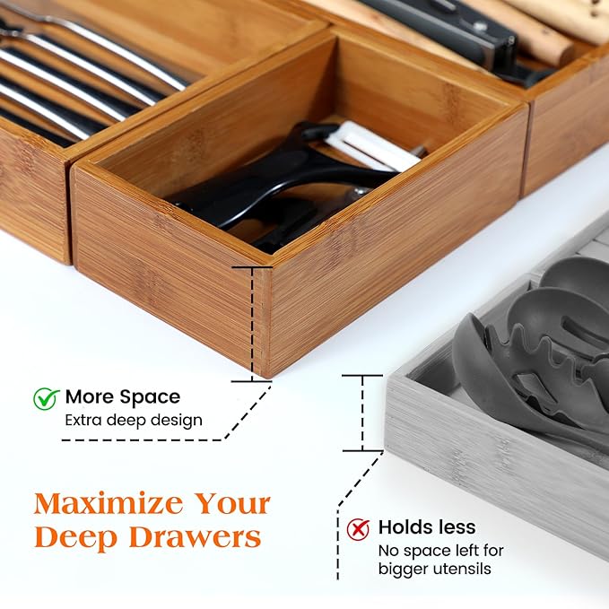 Piklohas Carbonized Bamboo Kitchen Silverwar Drawer Organizer,14.2 inch Length Natural Utensil Flatware Organizers Tray Storage for Spoons Forks & Knives