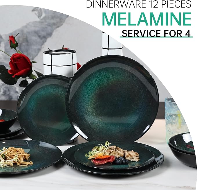 Melamine Dinnerware Set, 12pcs Plates and Bowls Set, Green Dinner Dishes Set for Indoor and Outdoor, BPA-Free, Dishwasher Safe（Green）