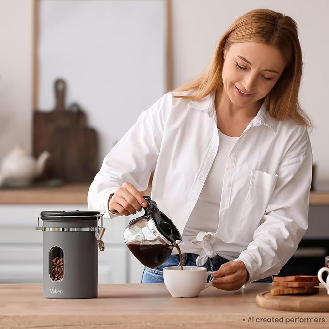 Veken Coffee Canister with Window,Airtight Stainless Steel Kitchen Food Storage Container, Date Tracker & Scoop for Grounds Coffee, Beans, Tea, Flour, Cereal,Sugar,22OZ,Grey