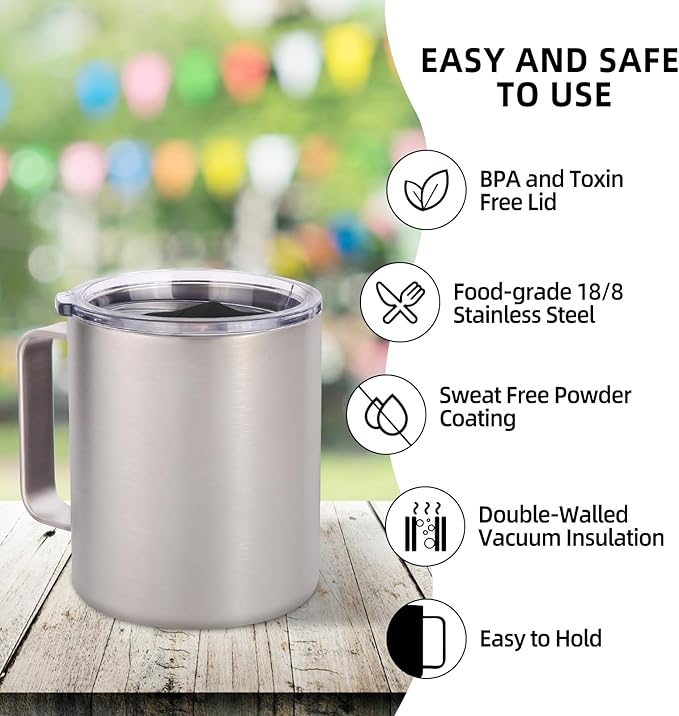 Volhoply 14oz Insulated Stainless Steel Coffee Mug with Leakproof Lid,Double Wall Vacuum Travel Coffee Cup with Handle,Reusable Metal Cups Tumbler,Camping Mugs Keep Hot,Ideal Gifts(Silver,1)
