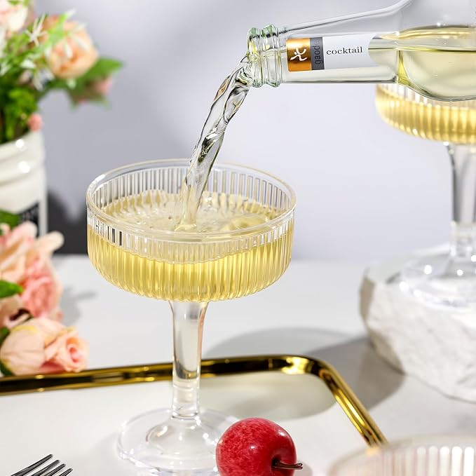 Goodluck 4-Tier Champagne Glasses - 20 PCS 7oz Clear Plastic Champagne Flutes, Plastic Coupe Glasses with Vertical Stripes for Weddings, Celebrations, Parties & Birthdays