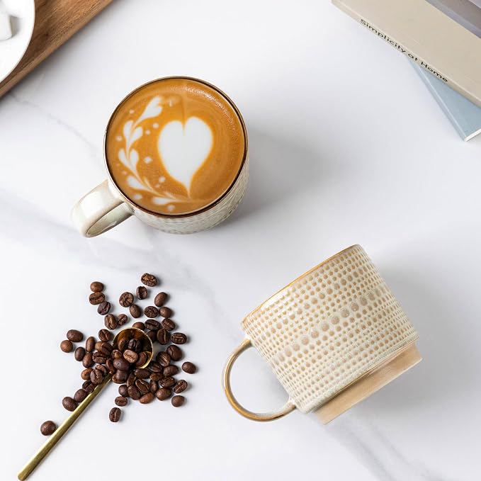 GBhome 12OZ Stackable Coffee Mugs, Ceramic Coffee Mugs with Texture Patterns for Man,Woman,Dad,Mom, Modern Coffee Mugs Set of 4 for Latte/Cappuccino/Cocoa. Dishwasher&Microwave Safe
