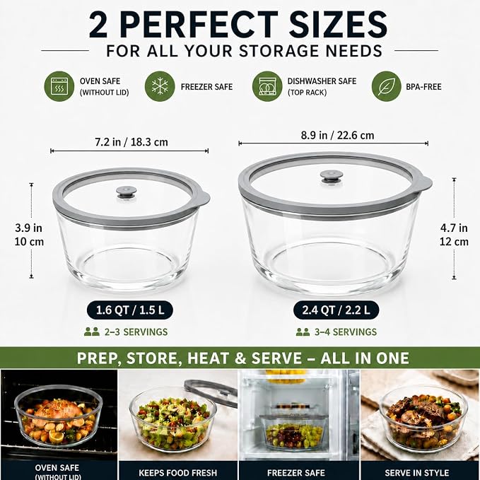Glass Food Storage Containers with Lids, 90 & 52 oz, BPA-Free | Airtight & Leakproof Glass Containers Microwave Freezer Dishwasher Safe Premium Borosilicate Glass for Meal Prep