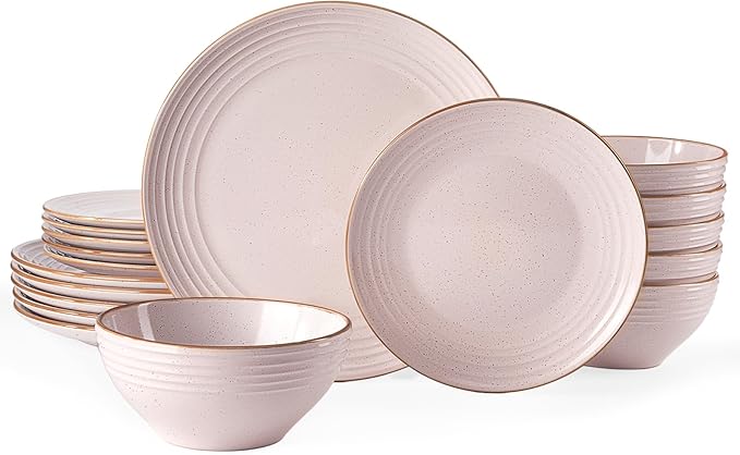 Famiware Jupiter 12-Piece Stoneware Dinnerware Set, Handcrafted Plates and Bowls with Speckles & Embossed Swirls, Chip/Scratch Resistant, Microwave/Dishwasher Safe, Modern Dishes, Service for 4, Pink