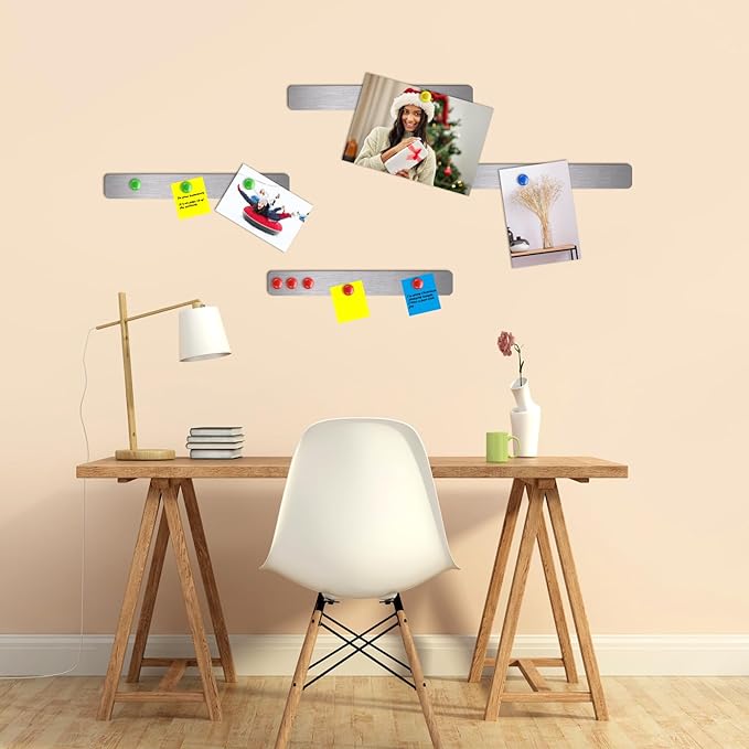 6 Pcs 15" x 2" Magnetic Display Board Souvenir Bulletin Board Strip Set with 48 Pcs Colorful Magnet for Office Home Wall Display Notes, Photos(Silver)