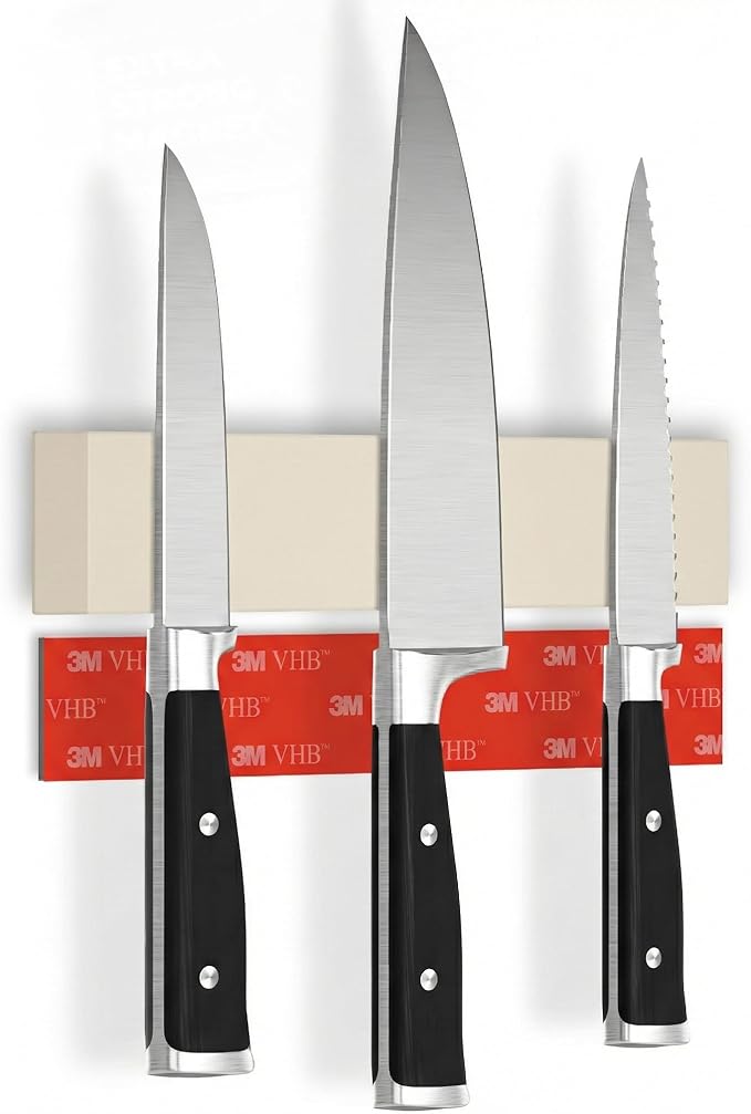 CUCINO Magnetic Knife Holder for wall, 10" no drilling required, includes self-adhesive tape, extra strong for holding knives – Awarded magnet strip – Beige Rubber