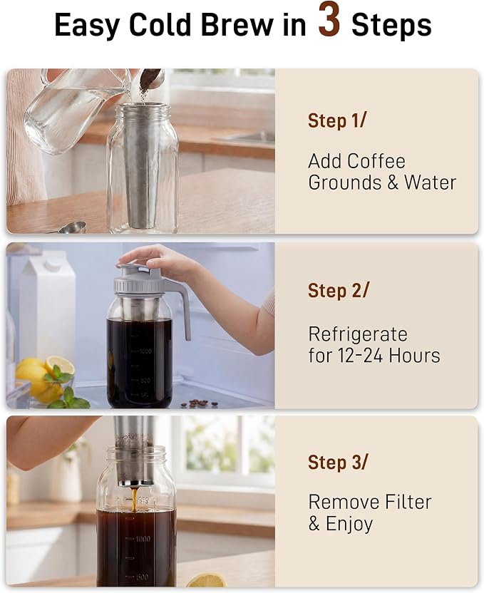 OneDream Cold Brew Coffee Maker, 2 Pack 64oz Stainless Steel Filter Cold Brew Pitcher Jar, No Leaks Cold Brew Mason Jar Coffee Maker, Easy to Clean Cold Coffee Maker