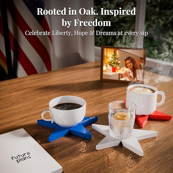 Handcrafted Oak Wood Coasters Set - Trivets for Hot Dishes & Table Decor, Heat Resistant House Warming Gifts New Home, Tree of Hope Design with Inspirational Quotes(White)