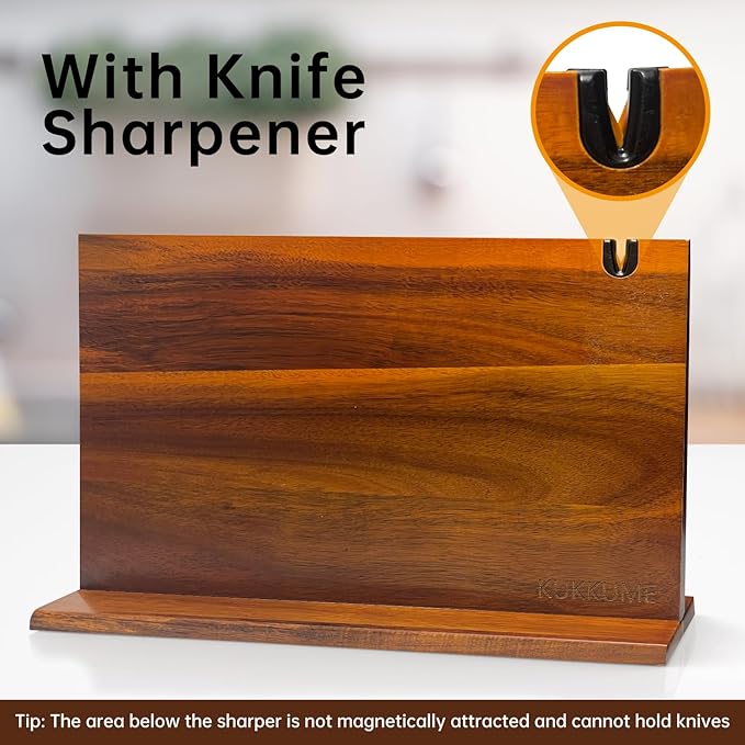 Magnetic Knife Block 14.9 x 10 inch Double Sided Magnetic Knife Holder Rack Acacia Wood Magnetic Knife Stand Knives Storage Rack with Knife Sharpener